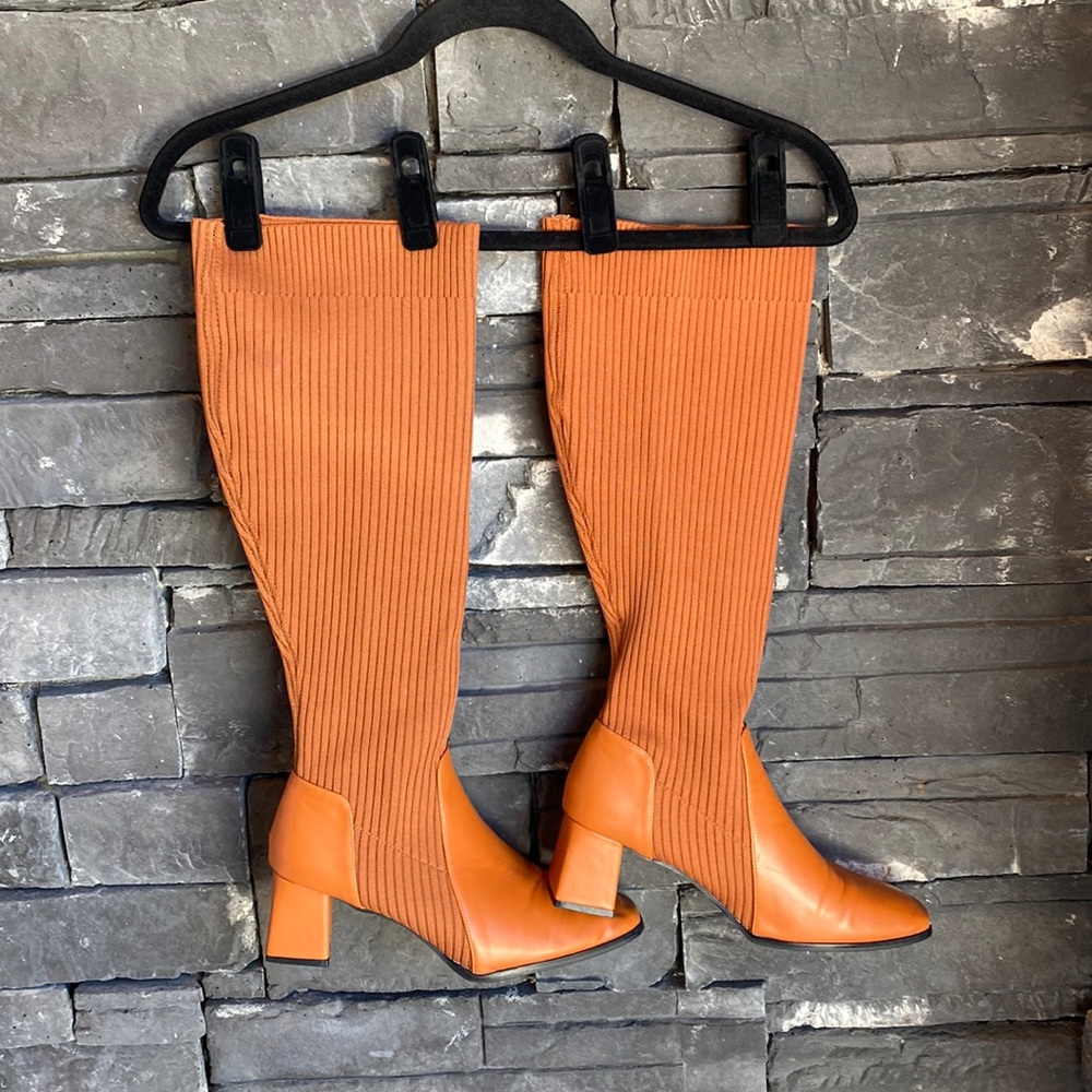 WOMENS CUCCOO COGNAC KNIT LEATHER BOOTS *NEVER WORN* SIZE:41